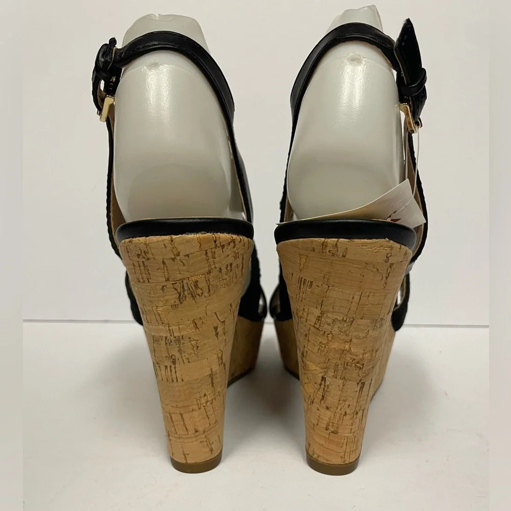 Tommy Hilfiger kezno vegan Black Wedge Sandals heels crisscross cork 6.5